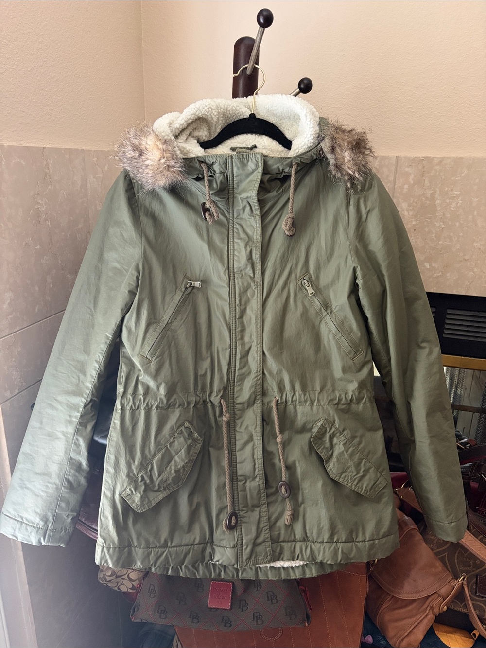 H&M Olive Green Hooded Utility Parka with Faux Fur Trim